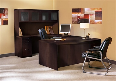 Picture of Mayline Aberdeen Laminate U Shape Office Desk Workstation with Glass Door Hutch