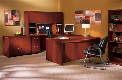 Picture of Mayline Aberdeen Laminate U Shape Office Desk Workstation with Hutch and Lateral File Cabinet