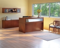 Picture of Mayline Aberdeen Laminate L Shape Reception Desk with Lateral File and Overhead Storage
