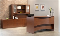Picture of Mayline Brighton Laminate Office Desk With Lateral File Cabinets and Glass Door Hutch