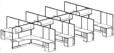 Picture of Cluster of 8, Electrified 6' x 8' L Shape Corner Ofifce Cubicle Workstation with Overhead Shelves, Task Lights