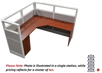 Picture of Cluster of 10 Person L Shape Office Cubicle Workstation, Glass Headers