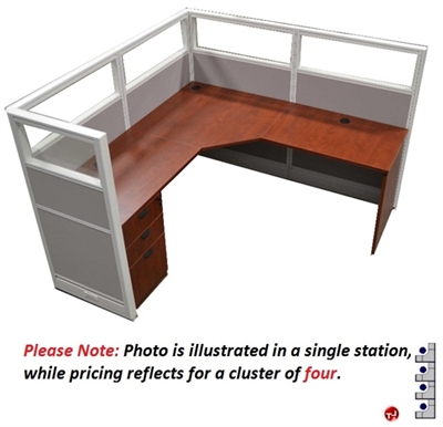 Picture of Cluster of 4 Person L Shape Office Cubicle Workstation, Glass Headers