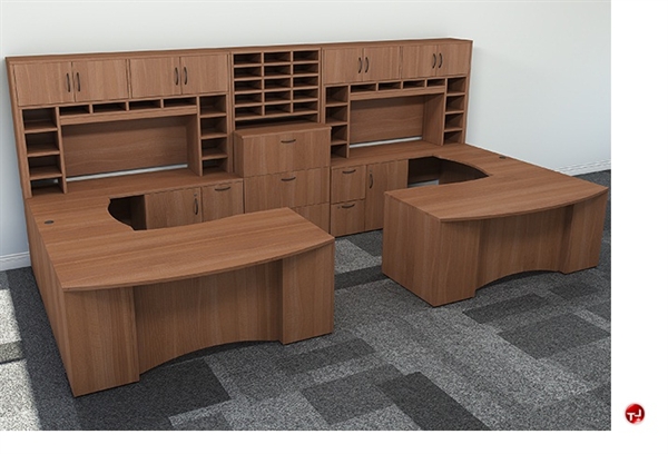 AT Two U-Shaped Desk with Overhead Storage + Credenza +