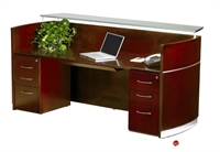 Picture of Contemporary Veneer Reception Desk Workstation,Glass Transaction Counter