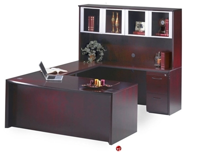 Picture of Veneer U Shape Office Desk Workstation, Overhead Glass Storage