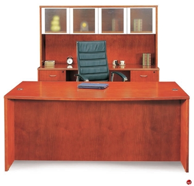 Picture of Veneer Bowfront Office Desk Workstation, Kneespace Credenza Glass Door Ovehead Storage