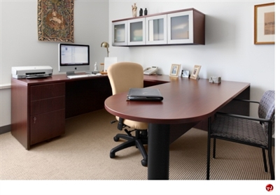 Picture of KI Aristotle U Shape Peninsula Office Desk Workstation, Glass Door Wall Mount Storage