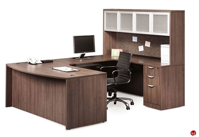 Picture of COPTI Bowfront U Shape Office Desk Workstation, Glass Door Overhead Storage