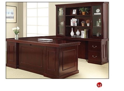 Picture of QSP Traditional Veneer U Shape Office Desk Workstation, Glass Door Overhead Storage