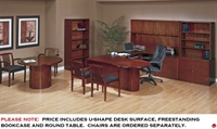 Picture of QSP Veneer U Shape Office Desk Workstation with Overhead, Open Bookcase and Round Conference Table