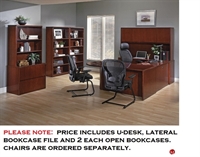 Picture of QSP U Shape Veneer Office Desk Workstation, Overhead Storage, Lateral Bookcase Filing