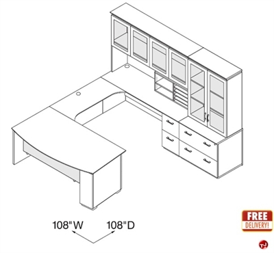 Picture of Veneer 72" Bowfront U Shape Office Desk Workstation with Bookcase Lateral Glass Door Storage