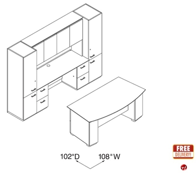 Picture of Veneer 72" Bowfront Executive Office Desk with Kneespace Credenza, Overehead Storage and Wardrobe