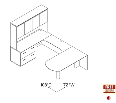 Picture of Veneer 72" D Top U Shape Office Desk Workstation with Lateral File and Ovehead Storage