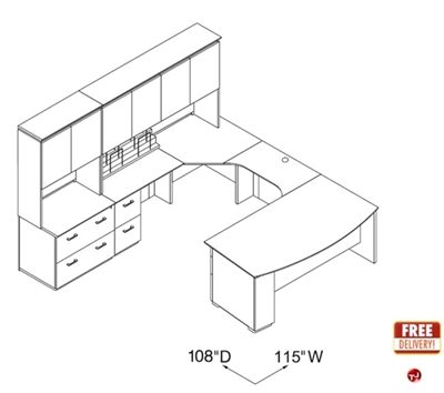 Picture of Veneer 72" Bowfront U Shape Office Desk Workstation with Bookcase Lateral File