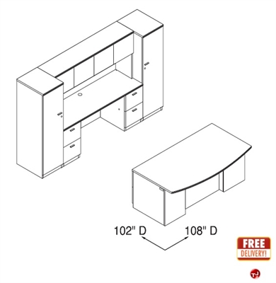 Picture of Veneer 72" Bowfront Executive Desk with Kneespace Credenza and Overhead with Wardrobe