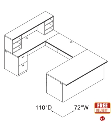 Picture of Veneer 72" U Shape Office Desk Workstation with Overhead Storage