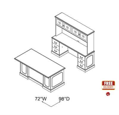 Picture of Veneer Traditional 72" Executive Desk with Kneespace Credenza and Glass Door Overhead