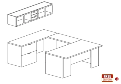 Picture of Contemporary 72" U Shape Office Desk Workstation with Glass Door Overhead Storage