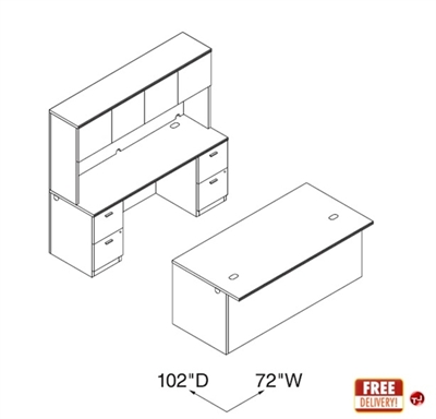Picture of 72" Executive Office Desk with Kneespace Credenza and Closed Overhead