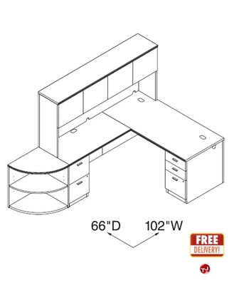 Picture of 66" L Shape Office Desk Workstation with Closed Overhead and Corner Bookcase