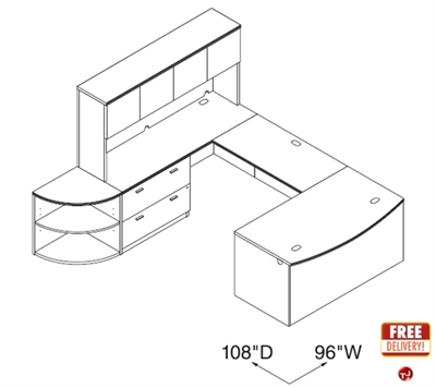 Picture of 72" Bowfront U Shape Office Desk Workstation with Closed Overhead and Corner Bookcase