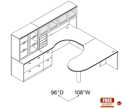 Picture of 72" D Top U Shape Office Desk Workstation with Glass Door Overhead Storage, Bookcase Lateral File