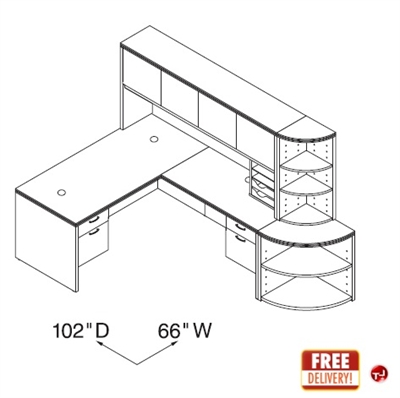 Picture of 66" L Shape Office Desk Workstation with Closed Overhead and Corner Bookcase