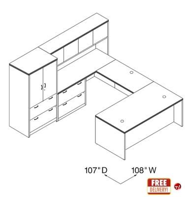 Picture of 72" U Shape Office Desk Workstation with Closed Overhead and Bookcase Lateral File Storage