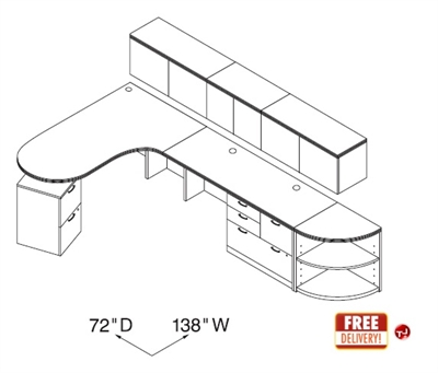Picture of Curve L Shape Office Desk Workstation with Wall Mount Storage and Corner Bookcase