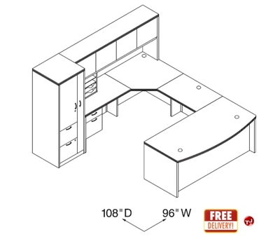 Picture of 72" Bowfront U Shape Office Desk Workstation with Closed Overhead and Wardrobe Storage