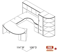 Picture of 72" D Top Curve U Shape Office Desk Workstation with Closed Overhead Storage and Corner Bookcase