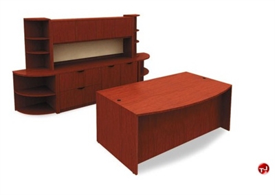 Picture of 72" Bowfront Desk with Storage Credenza Closed Overhead and Corner Bookcases