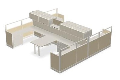 Picture of Cluster of 4 U Shaped Shared Cubicle Desk Workstation with Overhead and Filing Storage